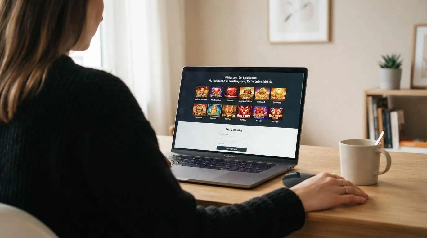 Person am Laptop liest eine Übersichtsseite zu Geldspielen im Internet — 10 franken bonus ohne einzahlung casino