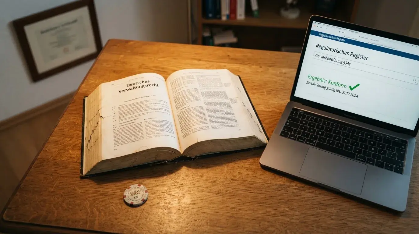 Amtliches Schreiben mit Stempel auf einem Schreibtisch neben einem Gesetzbuch — 150 freispiele ohne einzahlung
