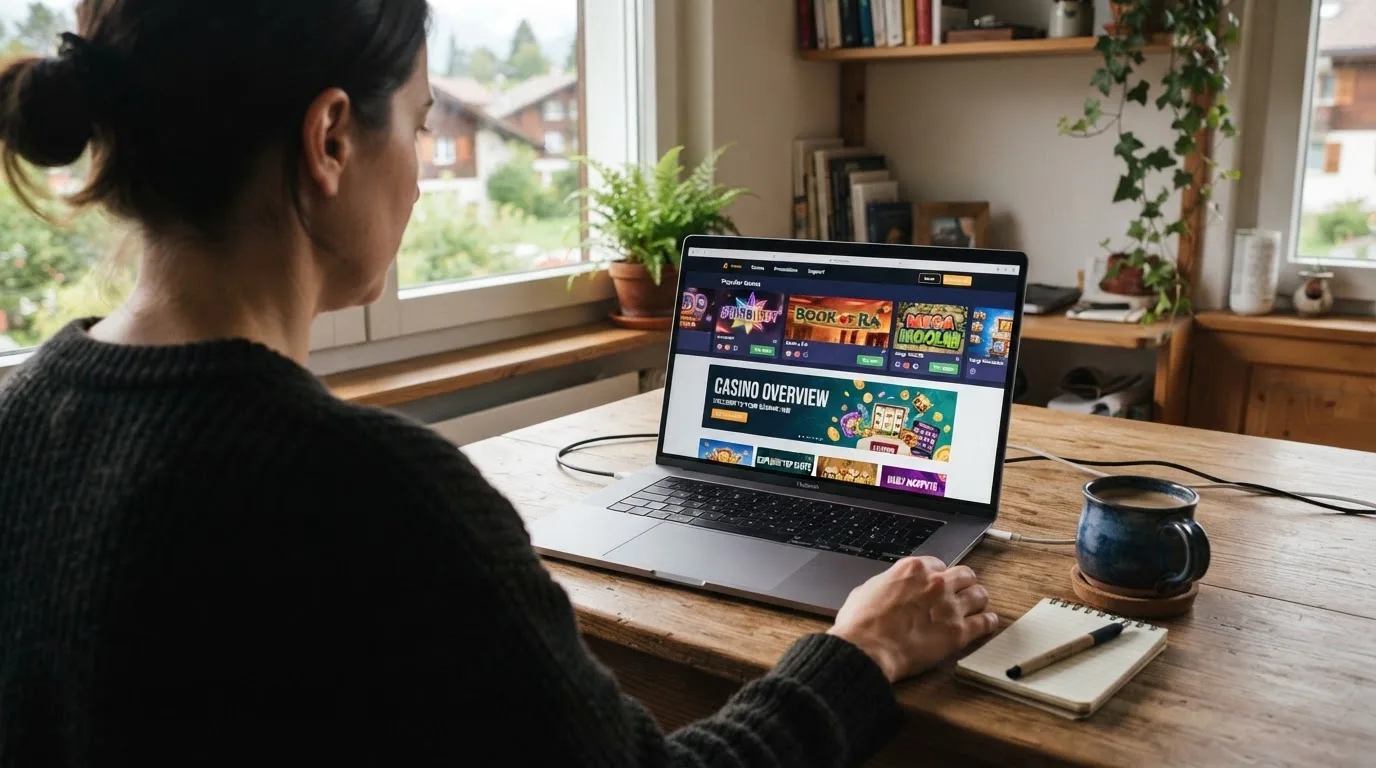 Person am Laptop liest eine Übersichtsseite zu Geldspielen im Internet — 20 franken bonus ohne einzahlung casino