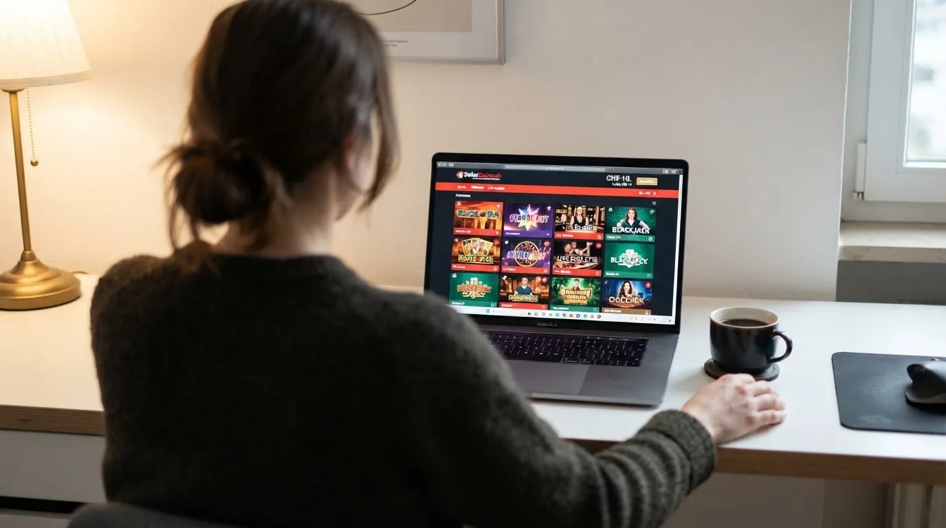 Person am Laptop liest eine Übersichtsseite zu Geldspielen im Internet — 30 franken bonus ohne einzahlung casino