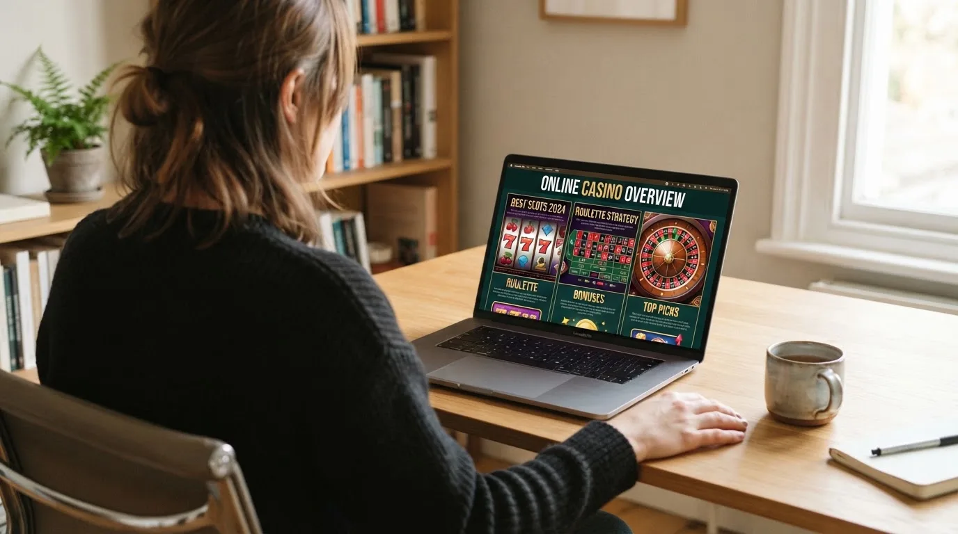 Person am Laptop liest eine Übersichtsseite zu Geldspielen im Internet — 40 franken bonus ohne einzahlung casino