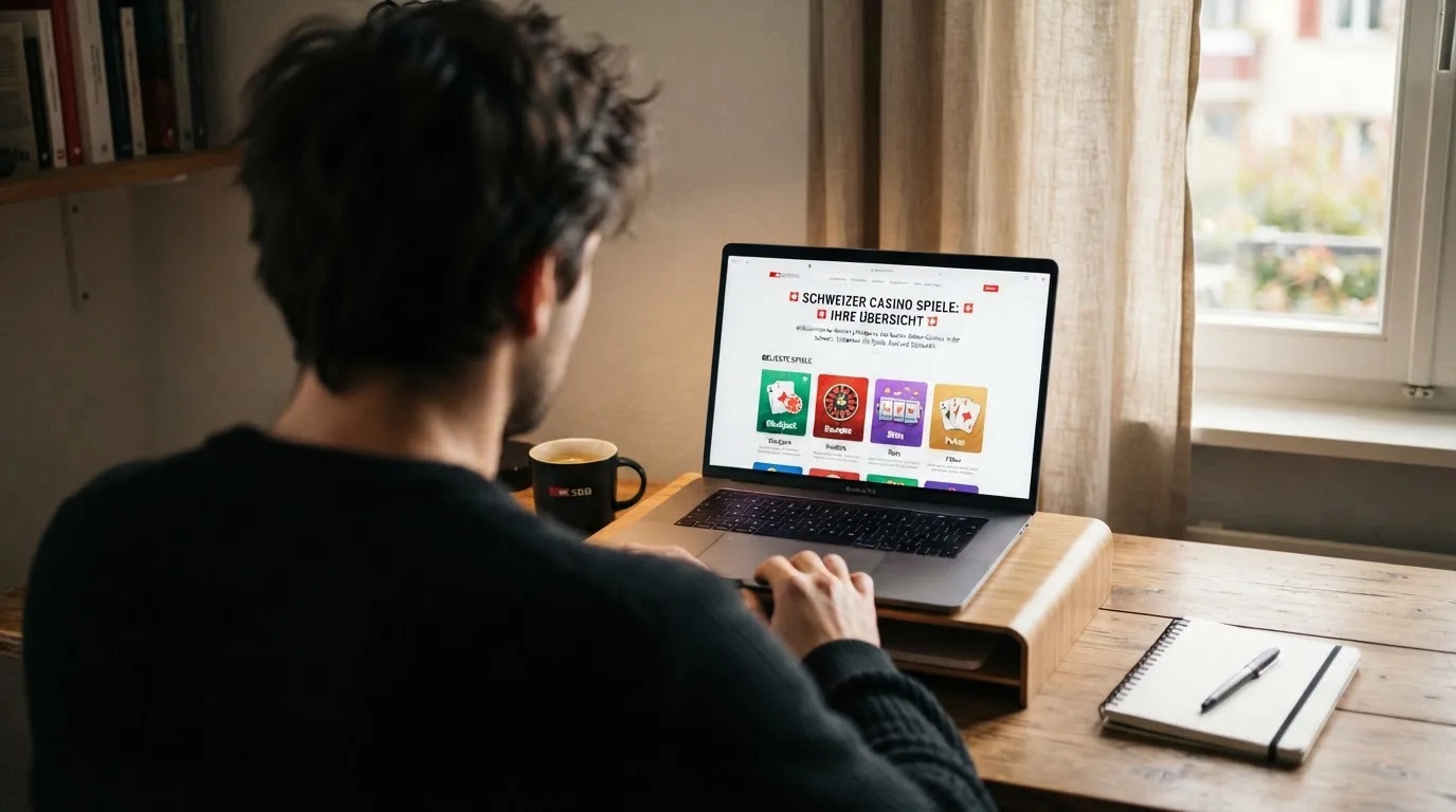 Person am Laptop liest eine Übersichtsseite zu Geldspielen im Internet — 5 franken bonus ohne einzahlung casino