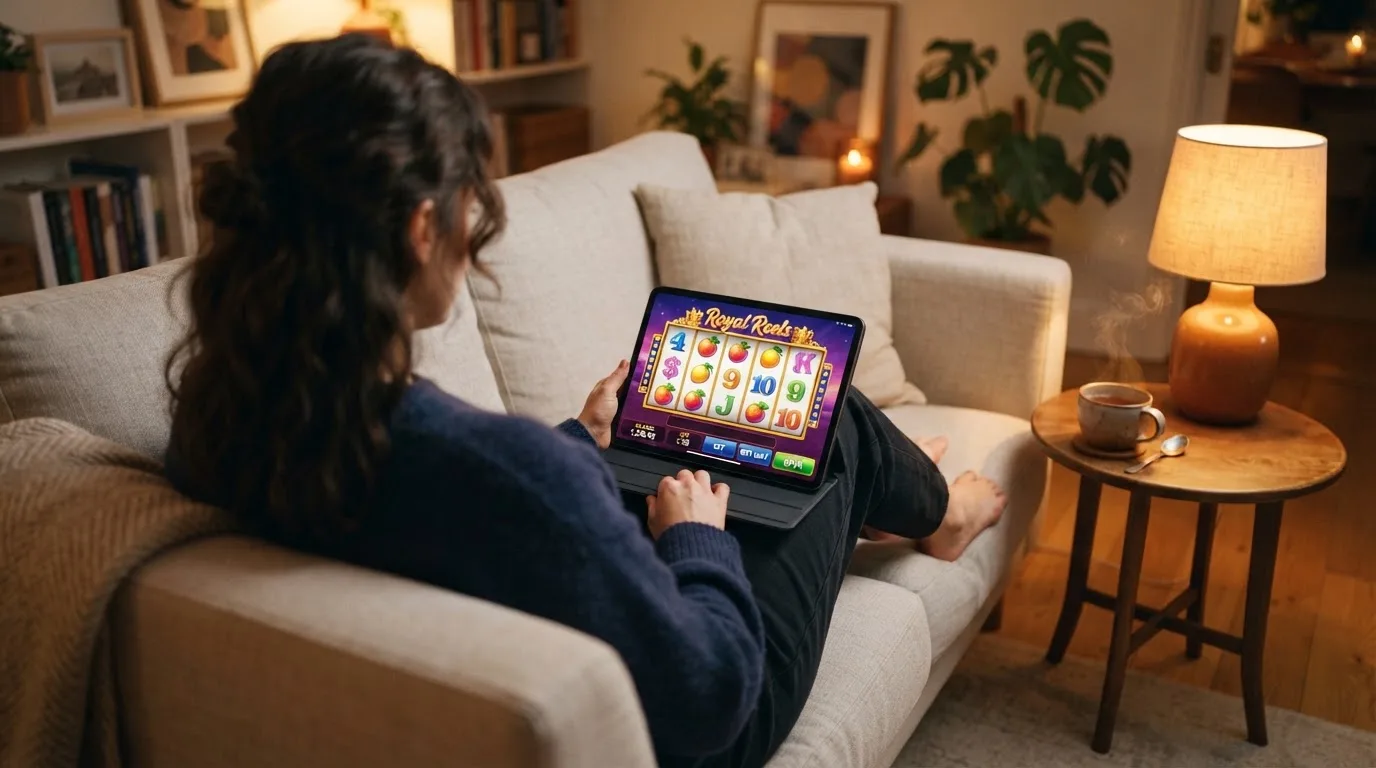 Person sitzt entspannt mit Tablet auf dem Sofa, warmes Lampenlicht, eine Tasse Tee steht daneben auf einem kleinen Tisch.