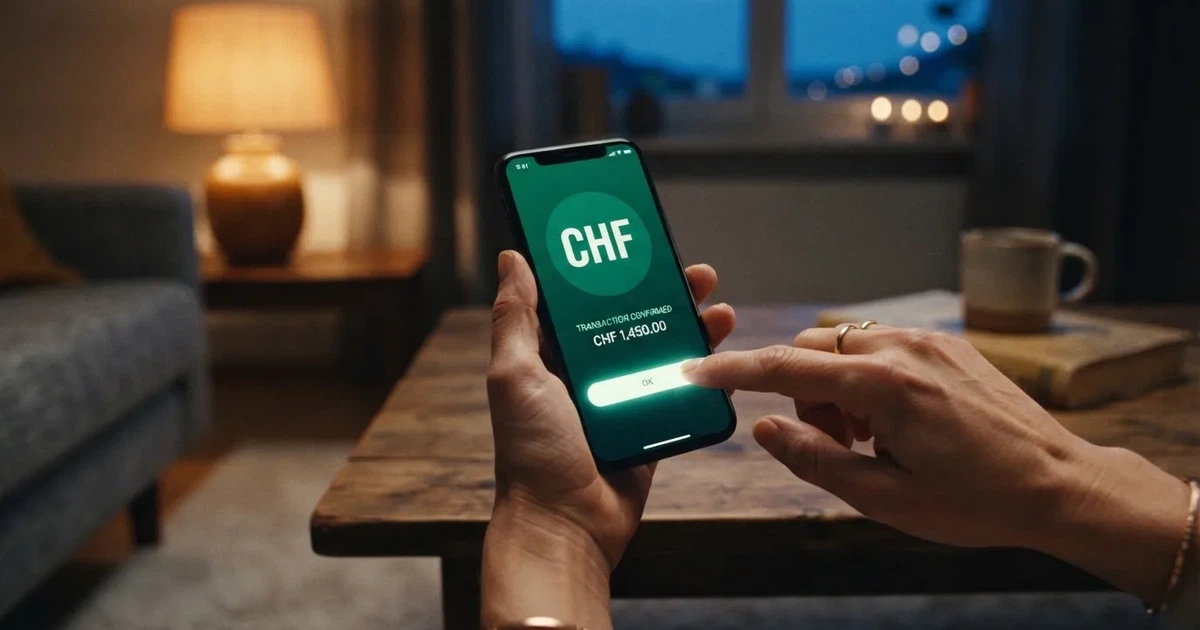 Nahaufnahme einer Hand, die auf einem Smartphone eine Zahlungsbestätigung antippt, im Hintergrund eine gemütliche Wohnzimmerecke am Abend.