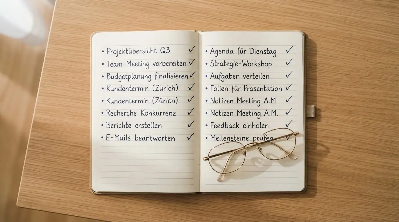 Ein Notizbuch mit handschriftlichen Stichpunkten liegt neben einer Brille auf einem Holzschreibtisch bei Tageslicht.