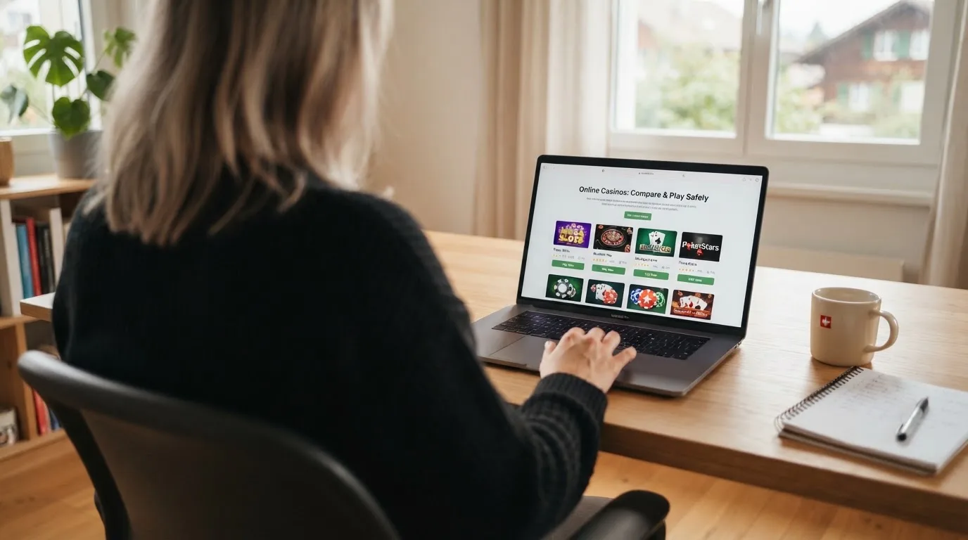 Person am Laptop liest eine Übersichtsseite zu Geldspielen im Internet — best crypto casino schweiz