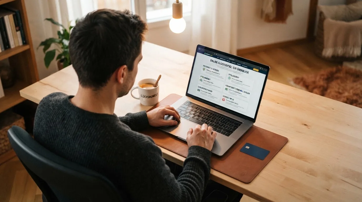 Person am Laptop liest eine Übersichtsseite zu Geldspielen im Internet — beste ausländische casinos für schweizer spieler