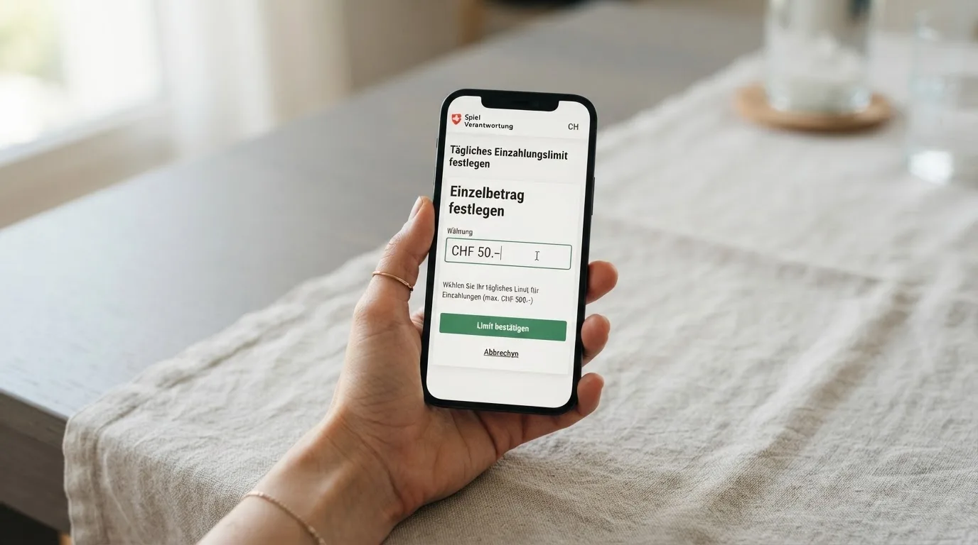Hand hält ein Smartphone mit einem Formular zur Einzahlungsgrenze, ruhige Stimmung — beste ausländische casinos für schweizer spieler