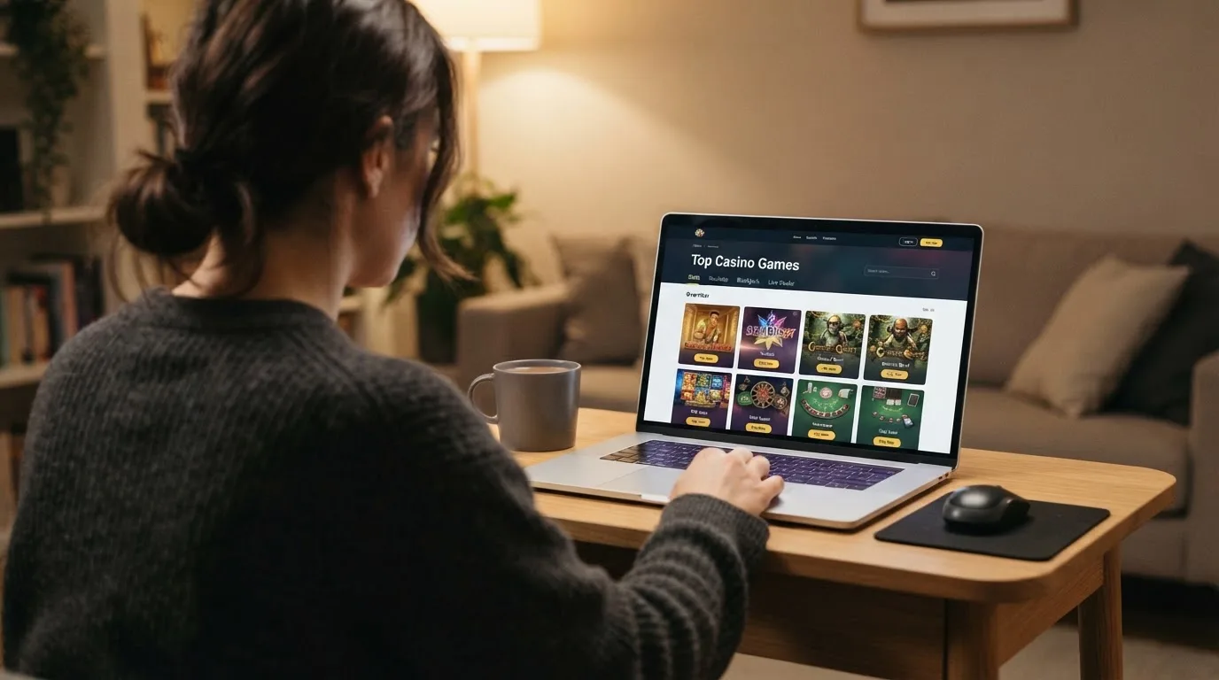 Person am Laptop liest eine Übersichtsseite zu Geldspielen im Internet — beste casino ohne verifizierung auszahlen