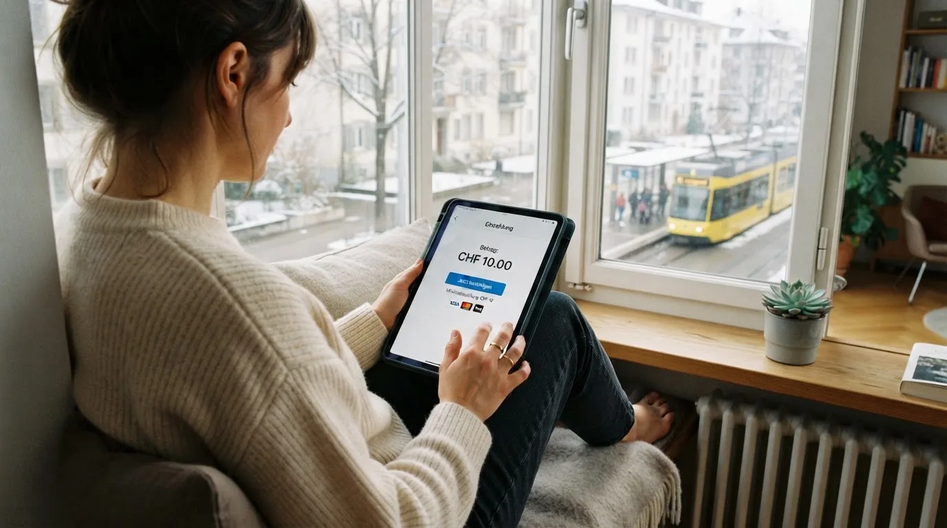 Frau sitzt mit einem Tablet auf einer Fensterbank, Blick nach draussen auf eine ruhige Strasse.