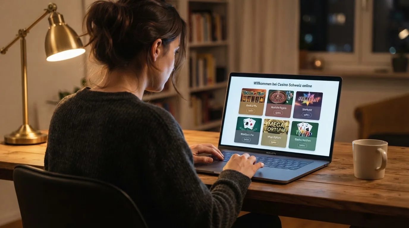Person am Laptop liest eine Übersichtsseite zu Geldspielen im Internet — beste online casino mit apple pay bezahlen