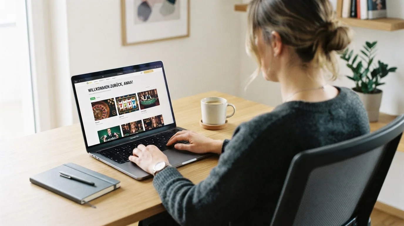 Person am Laptop liest eine Übersichtsseite zu Geldspielen im Internet — beste online casino mit banküberweisung bezahlen