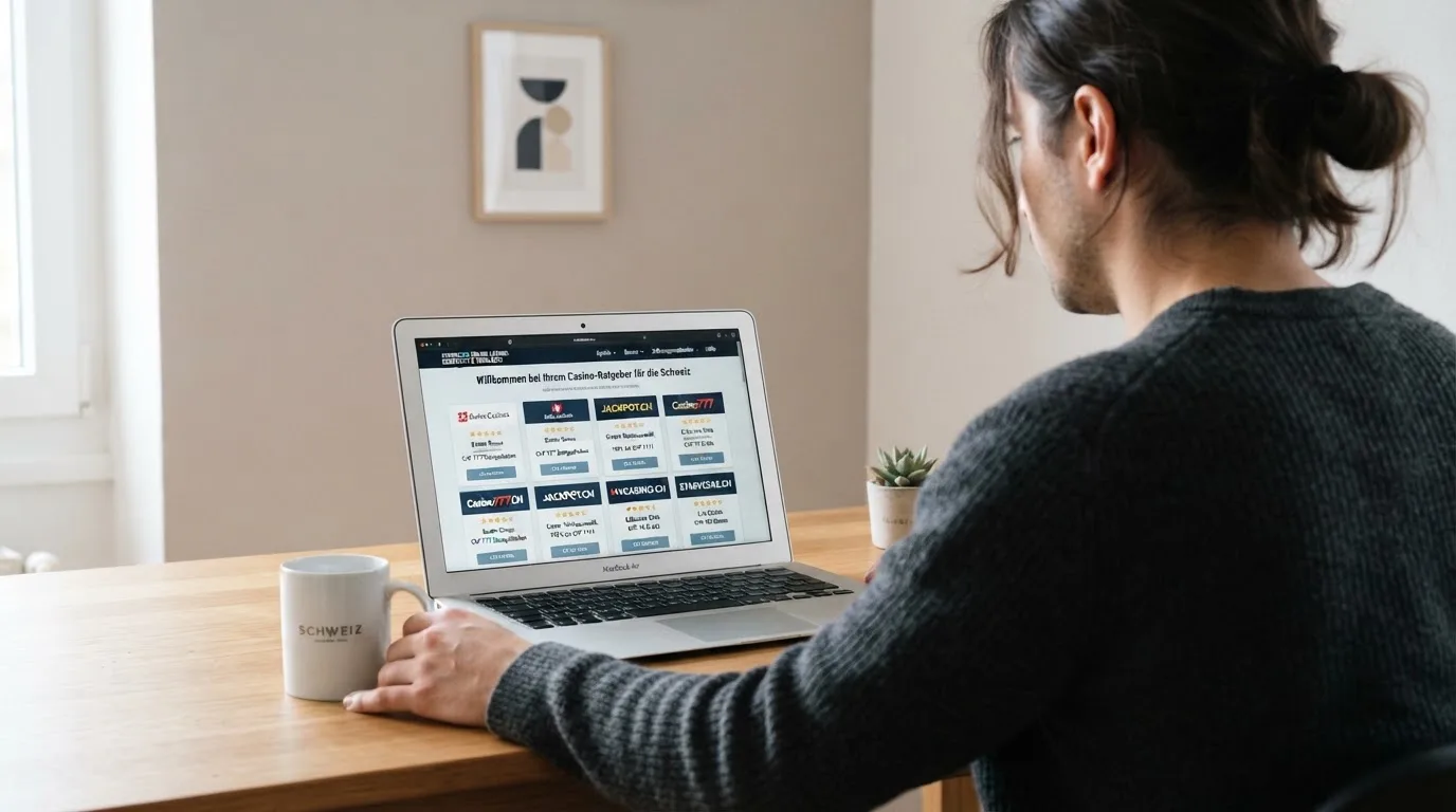 Person am Laptop liest eine Übersichtsseite zu Geldspielen im Internet — beste online casino mit cashtocode bezahlen