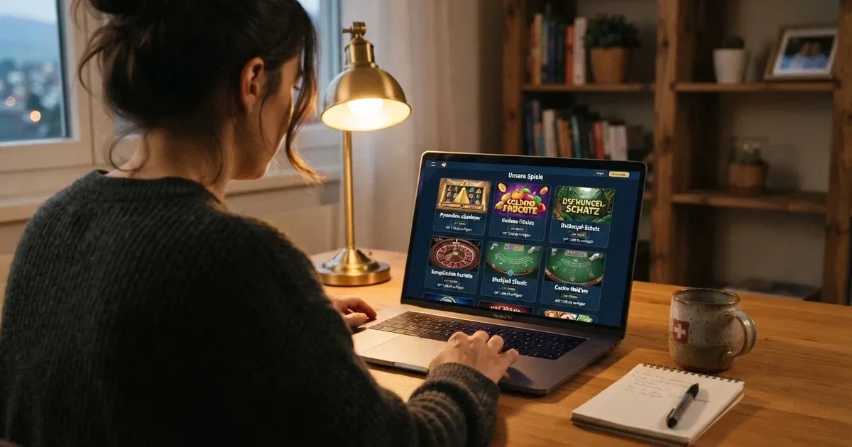 Person am Laptop liest eine Übersichtsseite zu Geldspielen im Internet — beste online casino schweiz