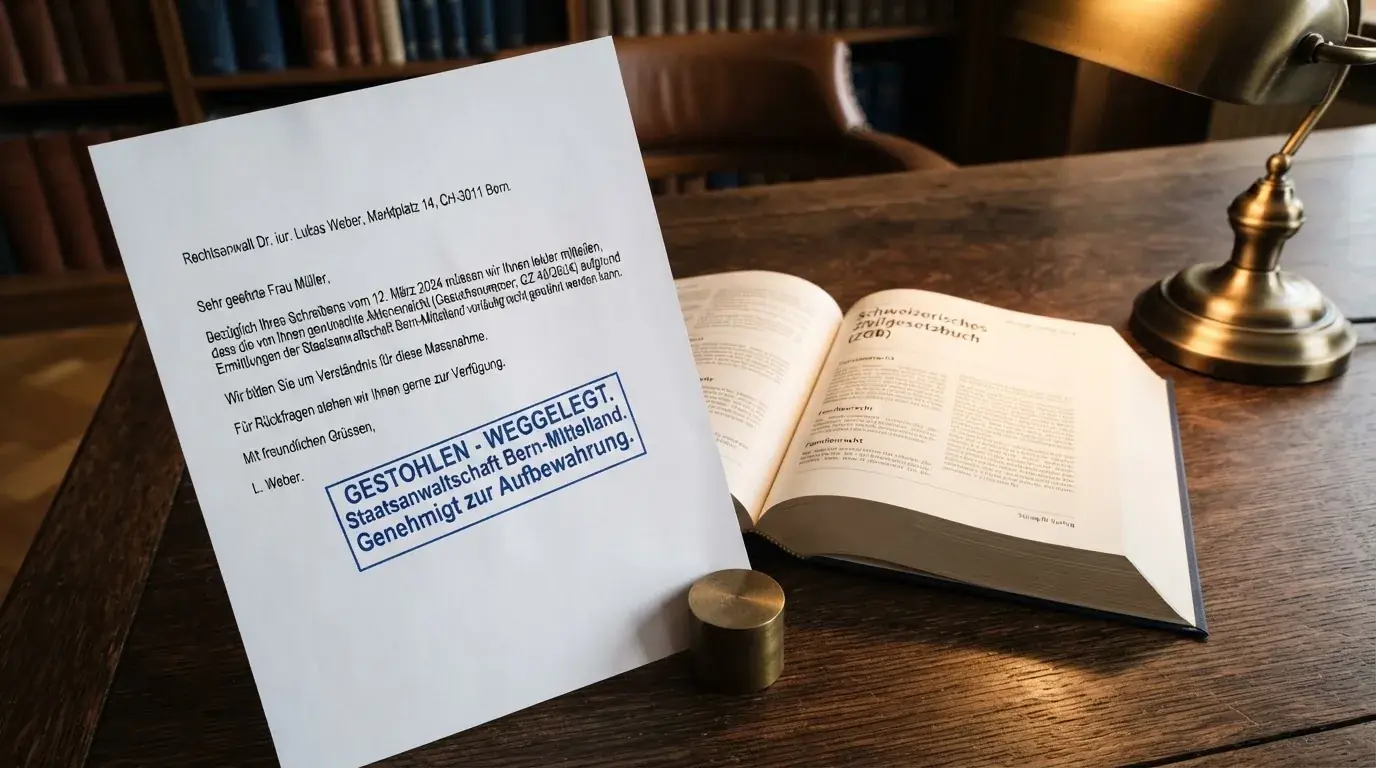 Amtliches Schreiben mit Stempel auf einem Schreibtisch neben einem Gesetzbuch — beste online casino schweiz