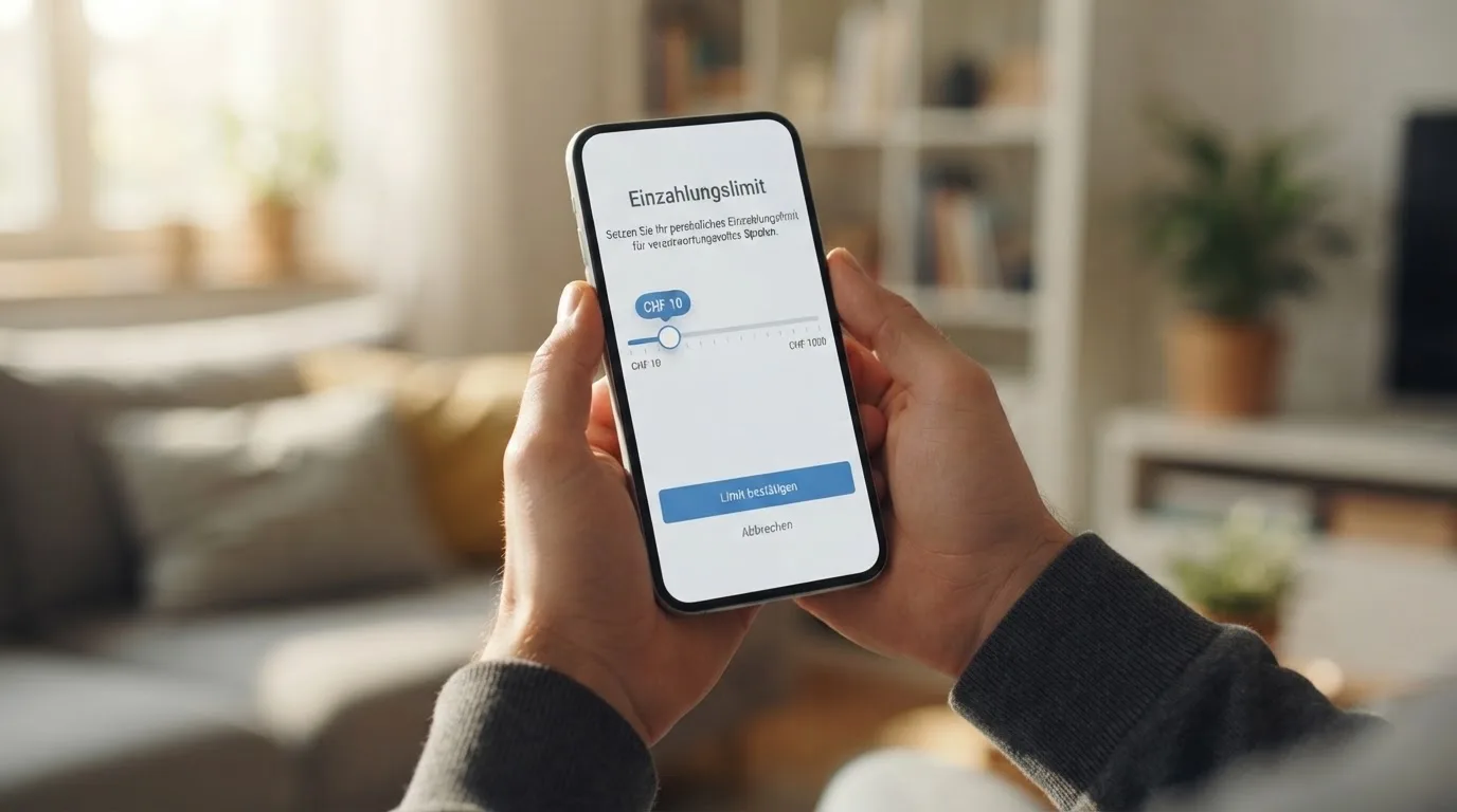 Hand hält ein Smartphone mit einem Formular zur Einzahlungsgrenze, ruhige Stimmung — beste online casino schweiz