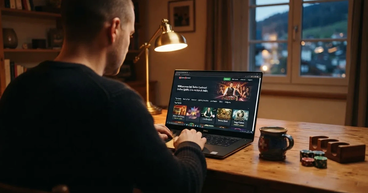 Person am Laptop liest eine Übersichtsseite zu Geldspielen im Internet — beste online casinos echtgeld