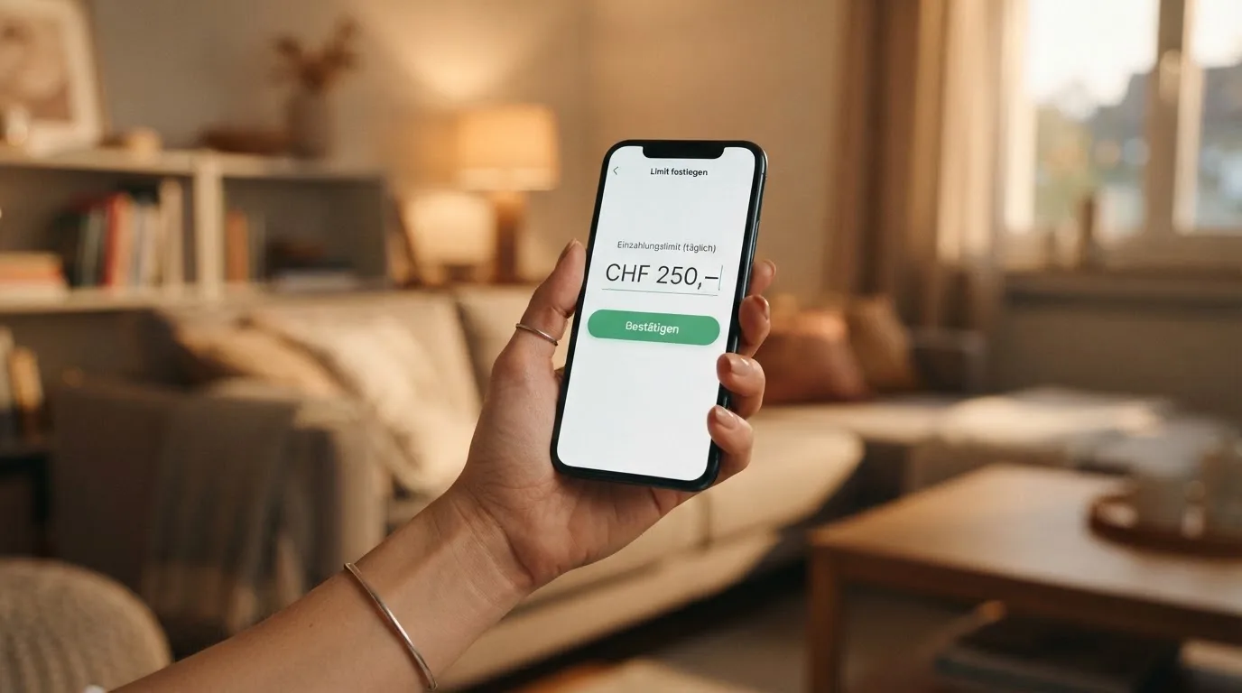 Hand hält ein Smartphone mit einem Formular zur Einzahlungsgrenze, ruhige Stimmung — beste online casinos echtgeld