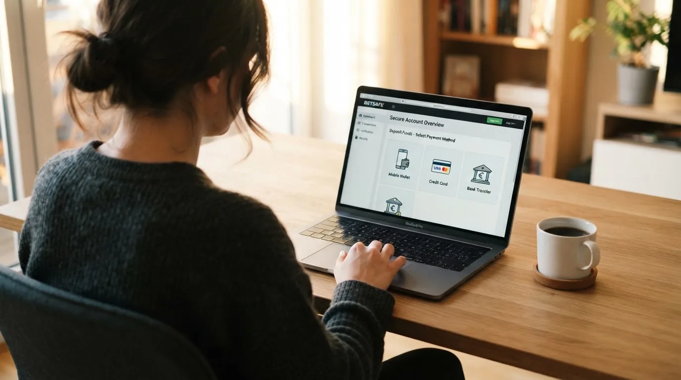 Person am Laptop liest eine Übersichtsseite zu Geldspielen im Internet — beste online casinos schweiz mit no deposit bonus
