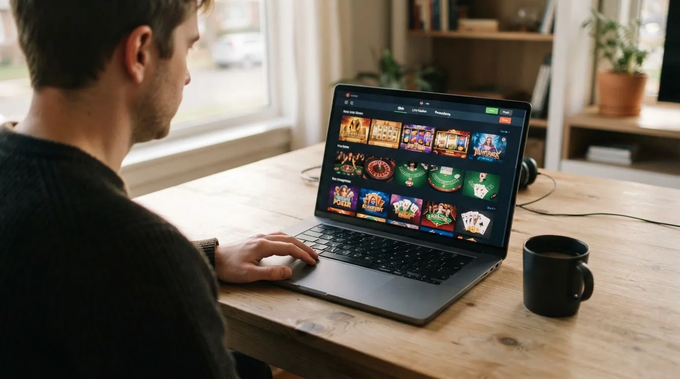 Person am Laptop liest eine Übersichtsseite zu Geldspielen im Internet — beste online spielothek casinos