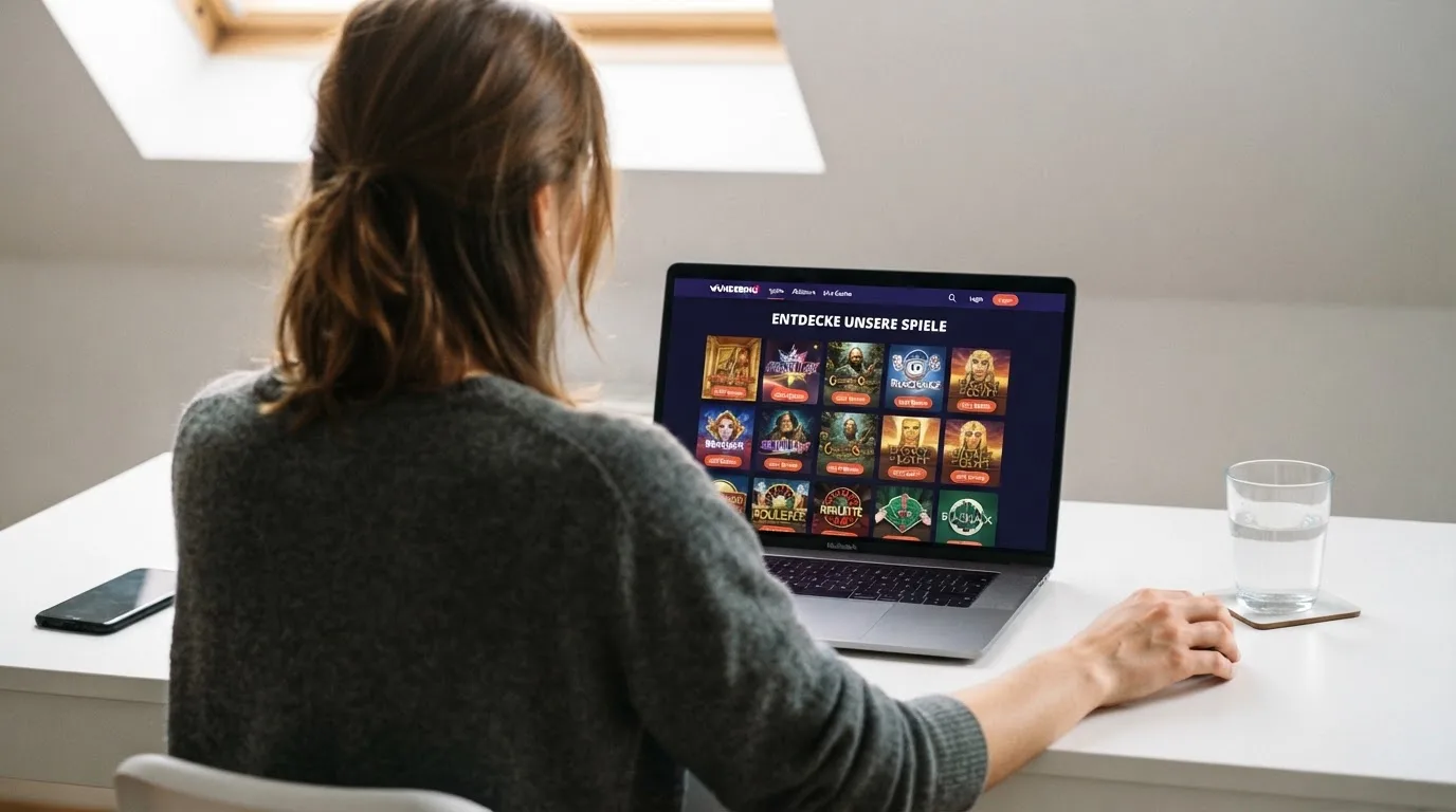 Person am Laptop liest eine Übersichtsseite zu Geldspielen im Internet — bester willkommensbonus online casino