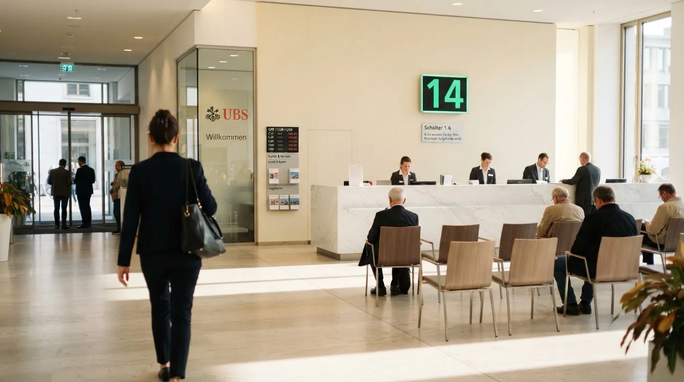 Blick auf eine helle Bankfiliale mit Wartebereich, im Vordergrund unscharf eine Person mit Jacke.