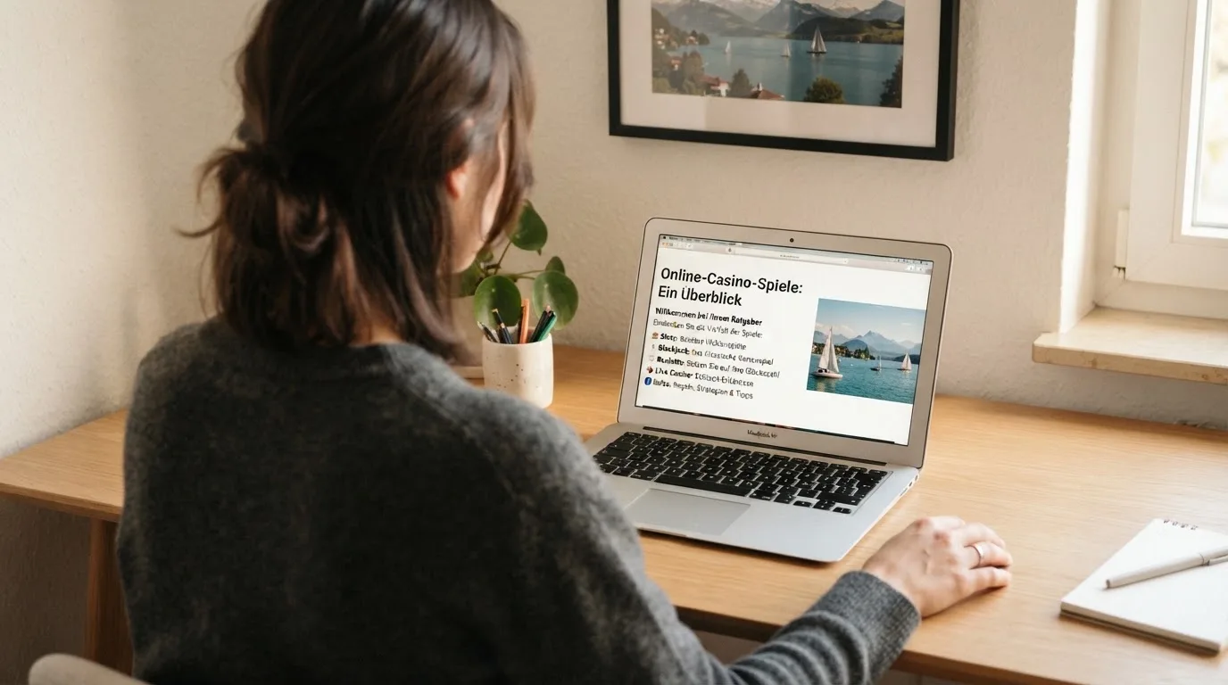 Person am Laptop liest eine Übersichtsseite zu Geldspielen im Internet — binance coin casino vergleich