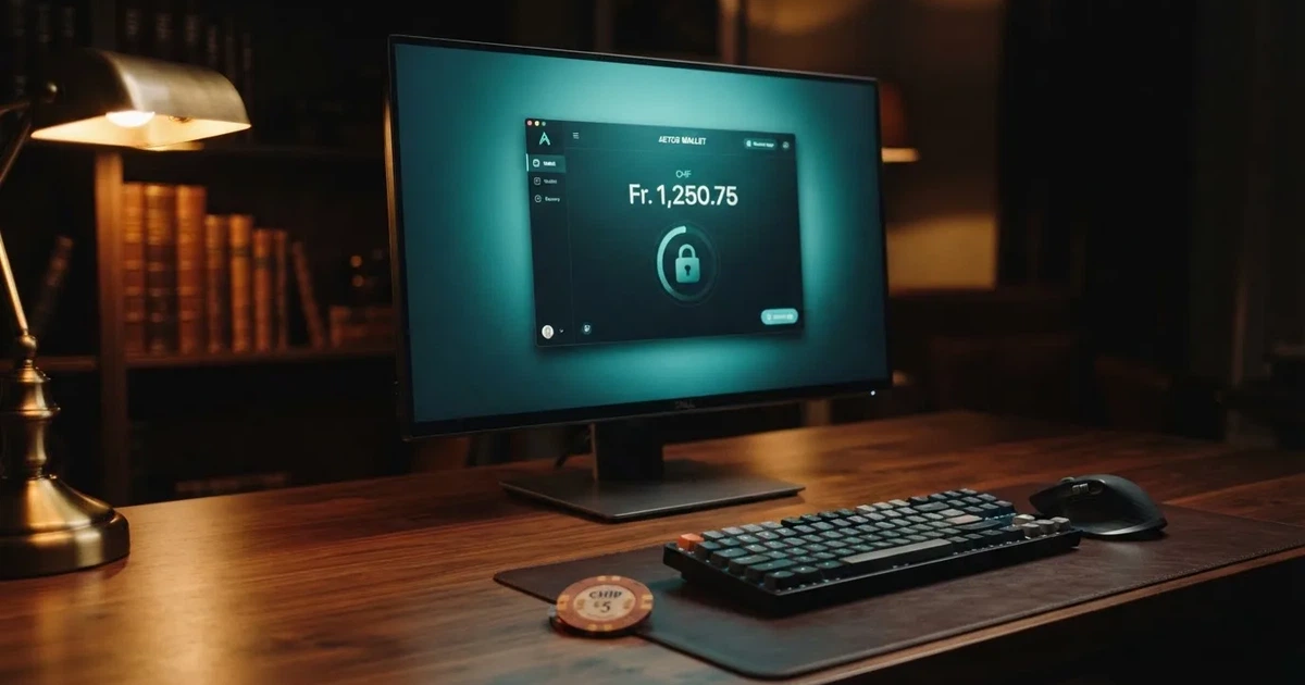 Geöffnete Krypto-Wallet auf einem Monitor mit stilisiertem digitalem Schloss — binance coin casino vergleich
