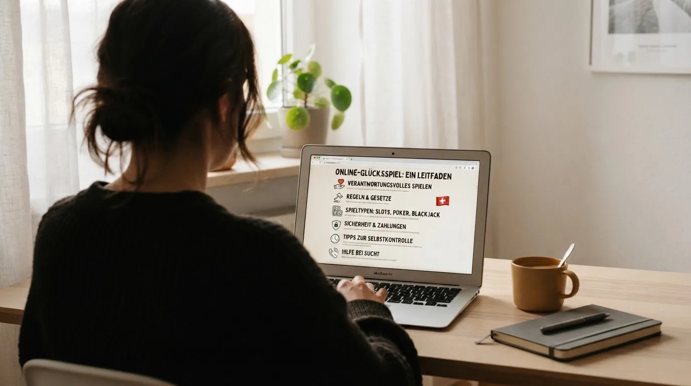 Person am Laptop liest eine Übersichtsseite zu Geldspielen im Internet — casino online mit bonus ohne einzahlung