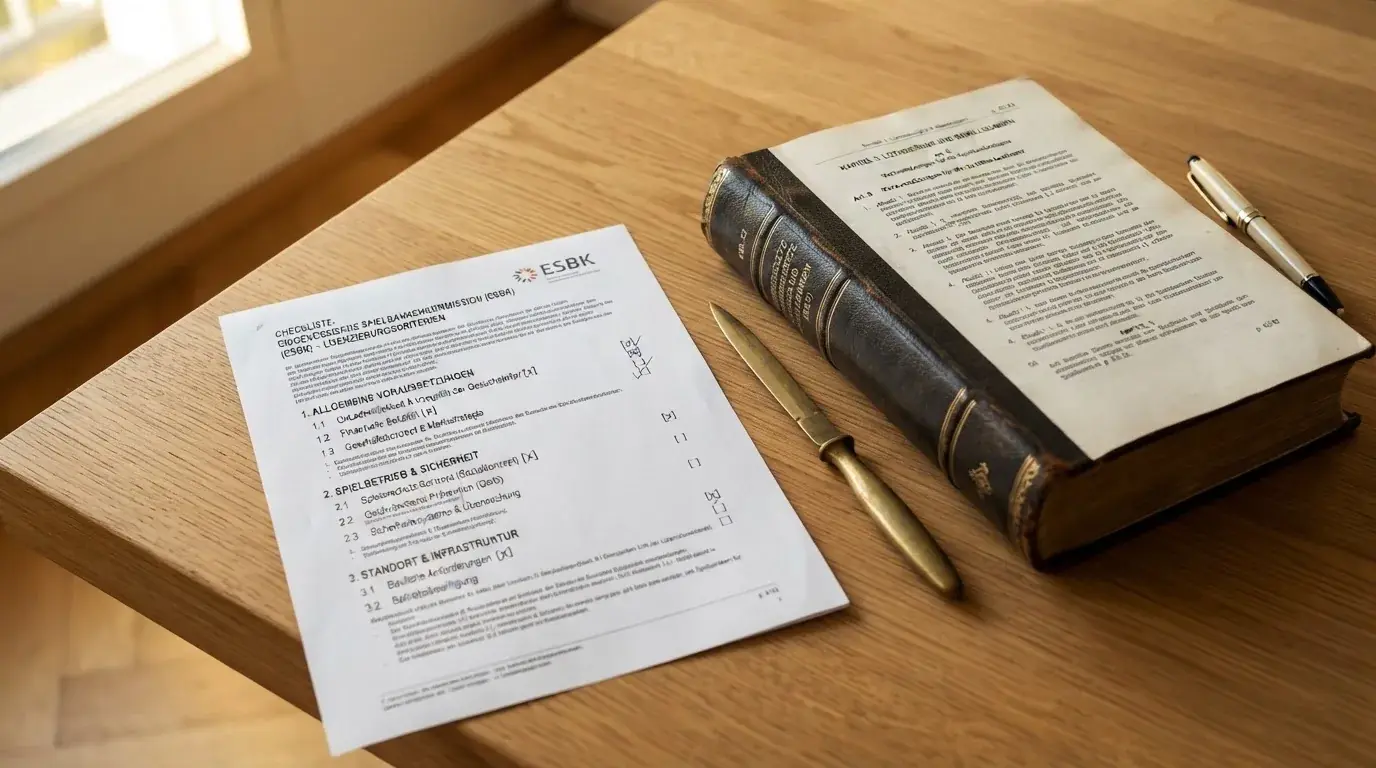 Amtliches Schreiben mit Stempel auf einem Schreibtisch neben einem Gesetzbuch — freie 90 tage qualifikationszeitraum casino
