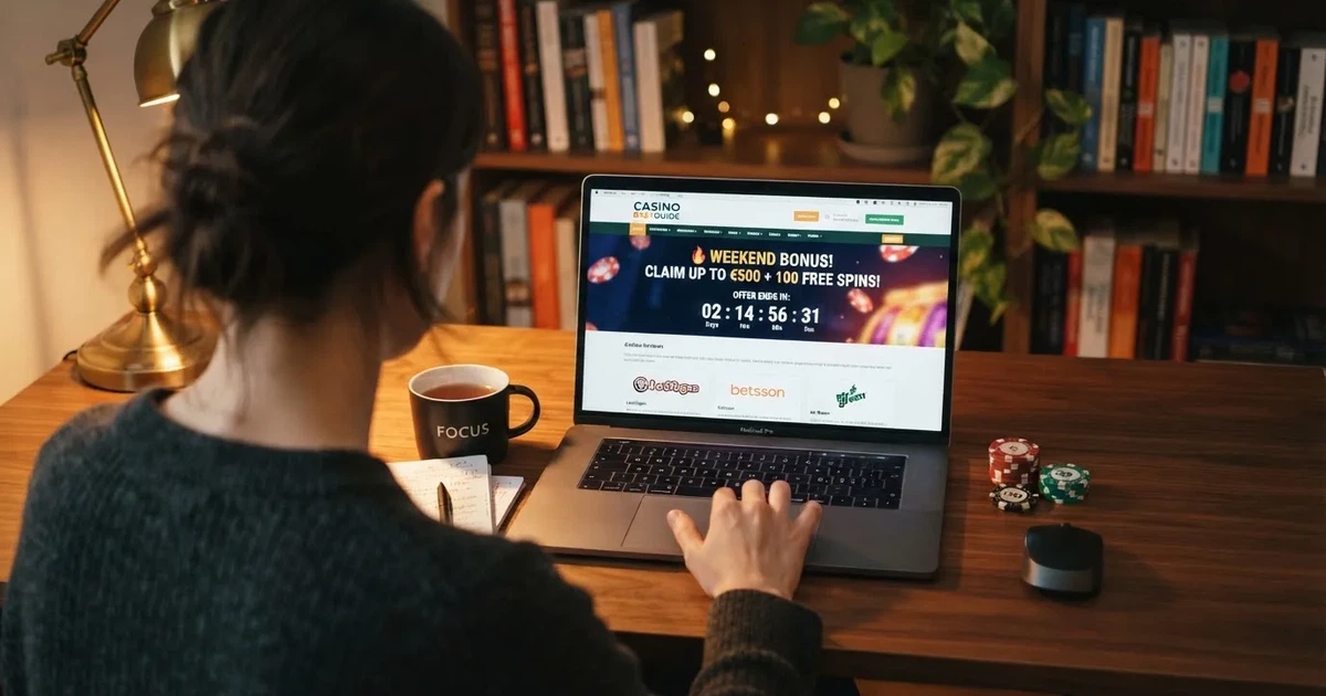 Person am Laptop liest eine Übersichtsseite zu Geldspielen im Internet — freie 90 tage qualifikationszeitraum casino