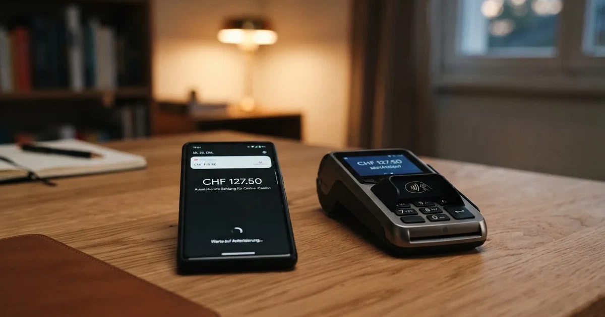 Kartenterminal und Smartphone mit einer ausstehenden Zahlungsbenachrichtigung — handy casino echtgeld bonus ohne einzahlung