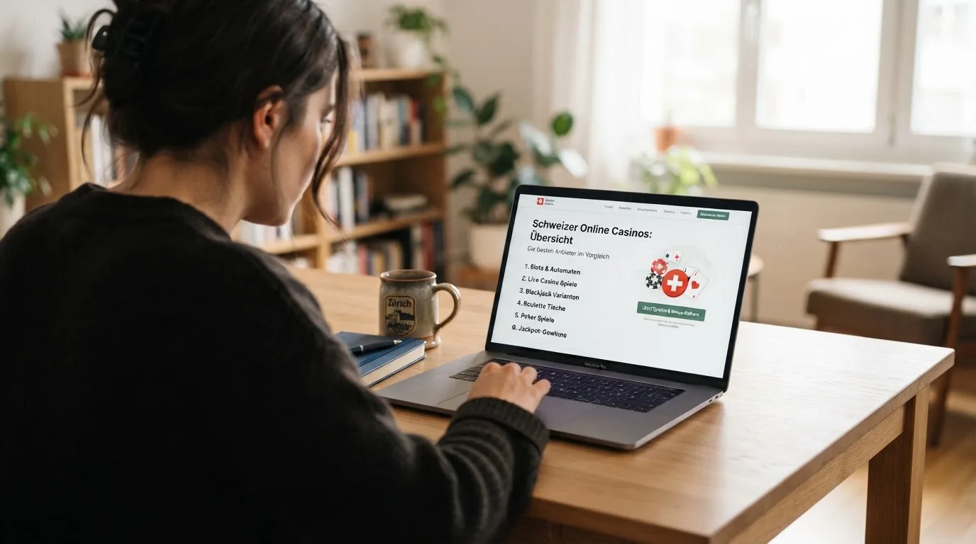 Person am Laptop liest eine Übersichtsseite zu Geldspielen im Internet — online casino bonusbedingungen