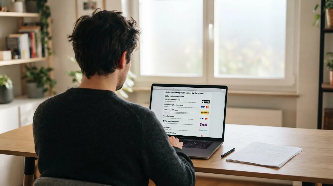 Person am Laptop liest eine Übersichtsseite zu Geldspielen im Internet — online casino einzahlungsbonus
