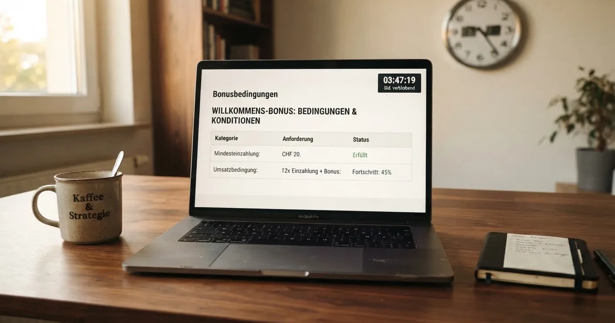 Bildschirm mit Bonusbedingungen, Einsatztabelle und einer Uhr im Hintergrund — online casino einzahlungsbonus