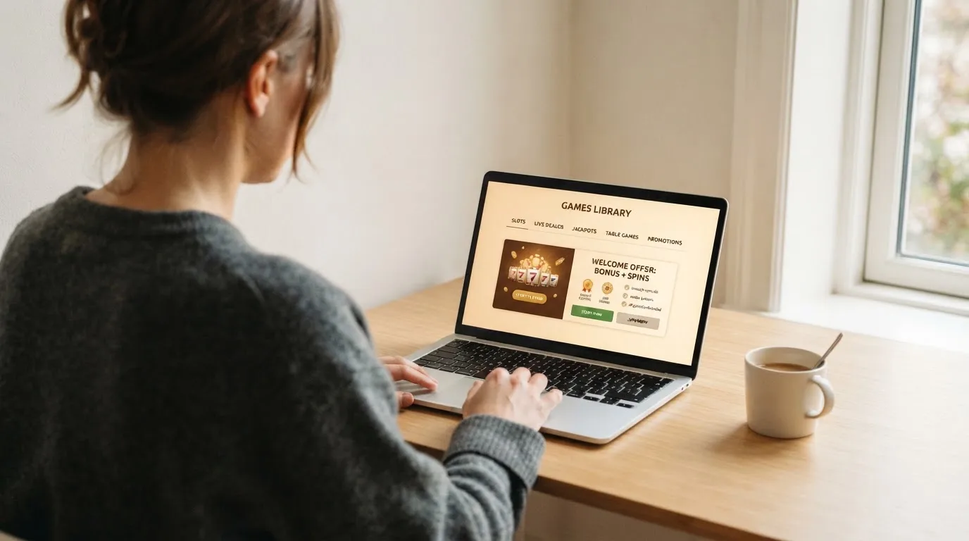Person am Laptop liest eine Übersichtsseite zu Geldspielen im Internet — online casino gutschein codes
