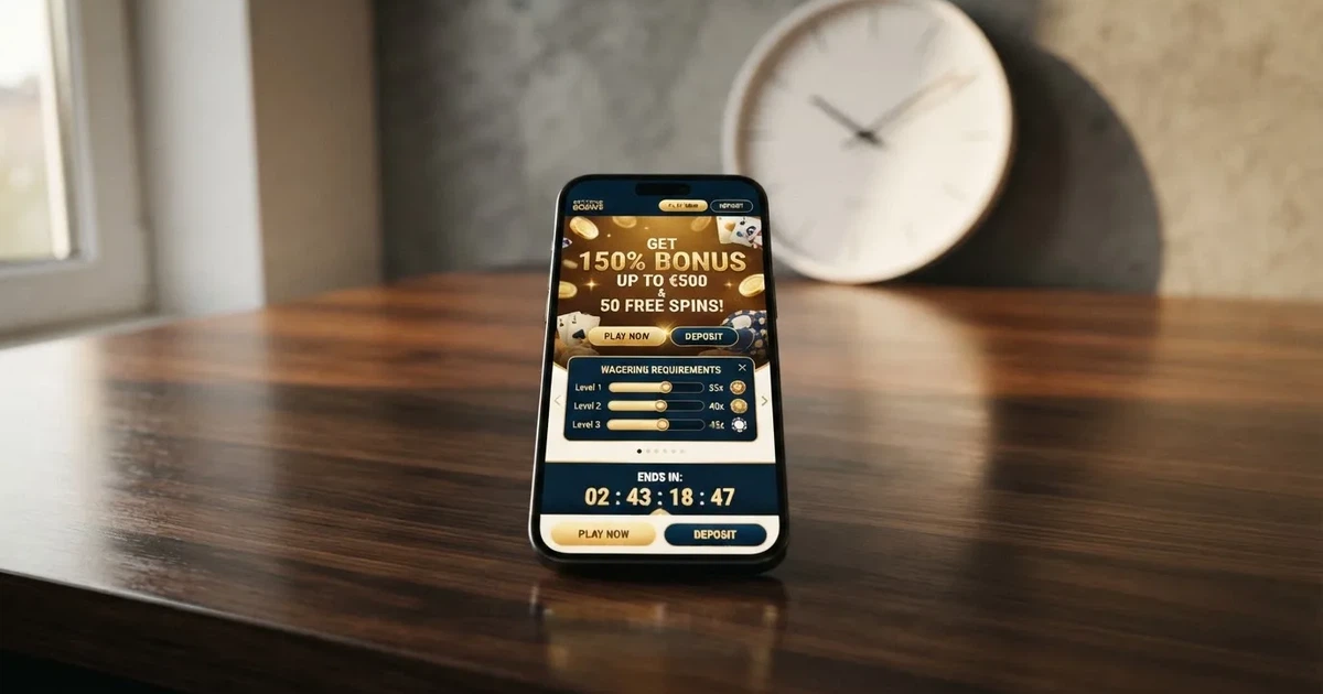 Bildschirm mit Bonusbedingungen, Einsatztabelle und einer Uhr im Hintergrund — online casino gutschein codes