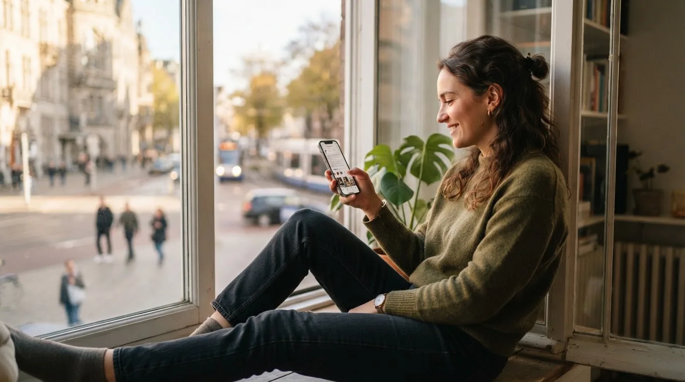 Frau lehnt entspannt an einer Fensterbank und liest auf ihrem Smartphone, Blick auf eine Strasse im Hintergrund.