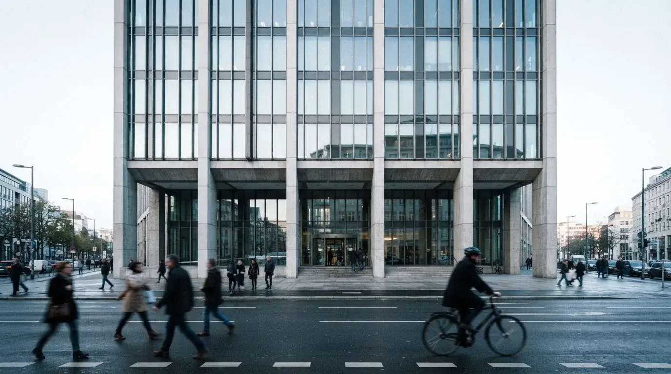 Blick auf ein Bankgebäude mit Glasfassade von der Strasse aus, Passanten gehen unscharf vorbei.