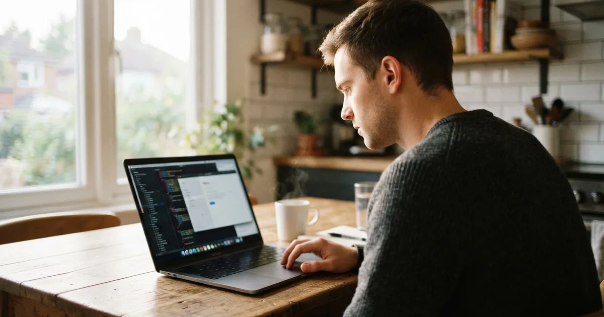 Junger Mann sitzt am Küchentisch und tippt konzentriert auf seinem Laptop, eine Kaffeetasse steht daneben.