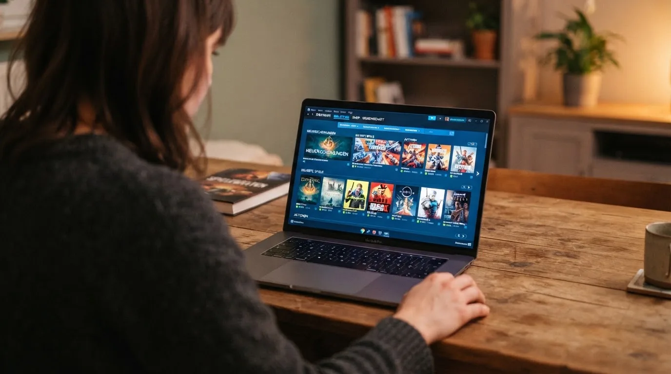 Person am Laptop liest eine Übersichtsseite zu Geldspielen im Internet — online casino mit autoplay
