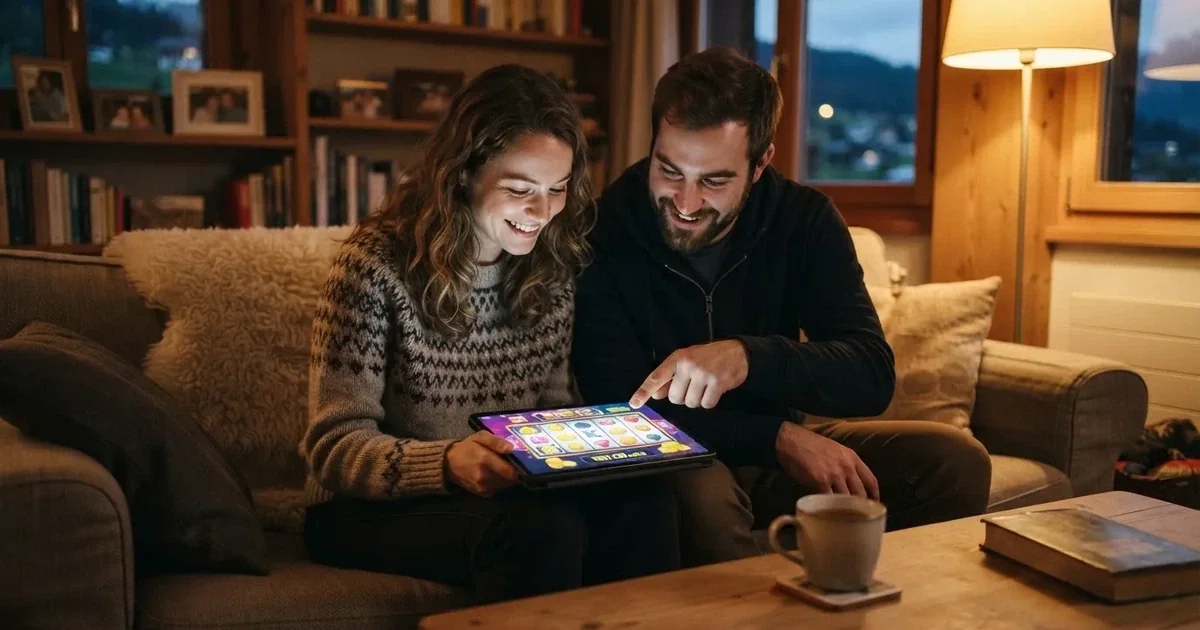 Junges Paar sitzt auf einem Sofa und schaut gemeinsam auf ein Tablet, warmes Wohnzimmerlicht.