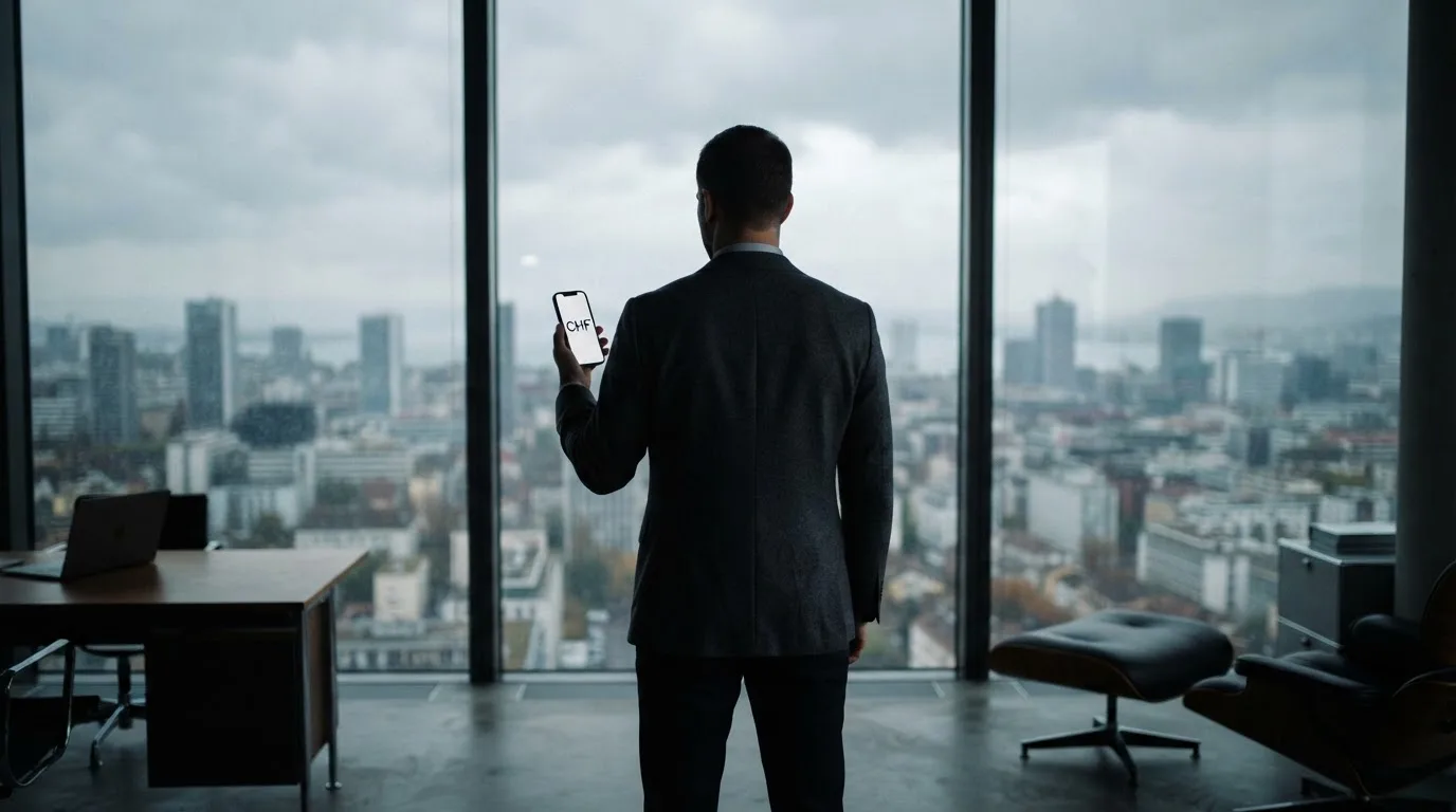 Mann steht am Fenster eines Büros und blickt auf sein Smartphone, Skyline unscharf im Hintergrund.