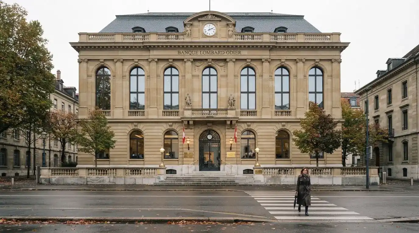 Blick auf eine Bankfassade mit grossen Fenstern von der gegenüberliegenden Strassenseite aus.