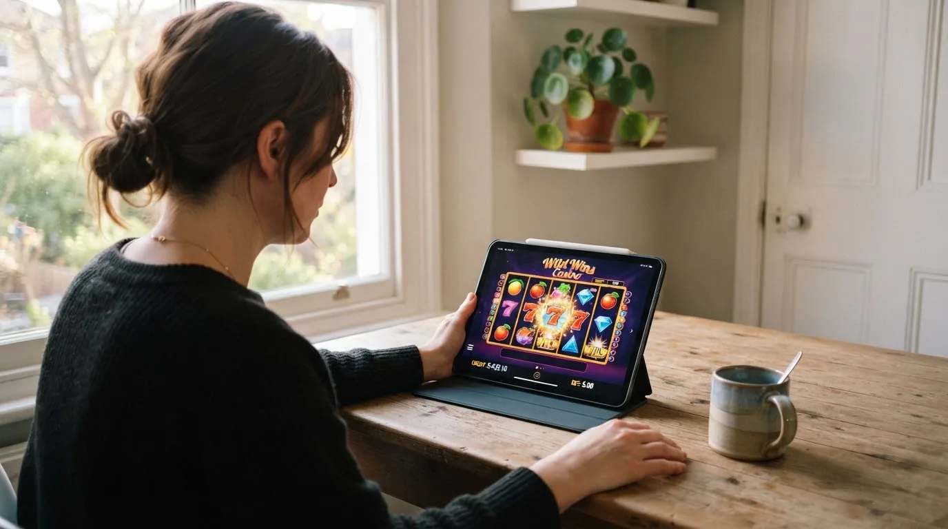 Frau sitzt am Wohnzimmertisch und schaut konzentriert auf ihr Tablet, Nachmittagslicht durchs Fenster.